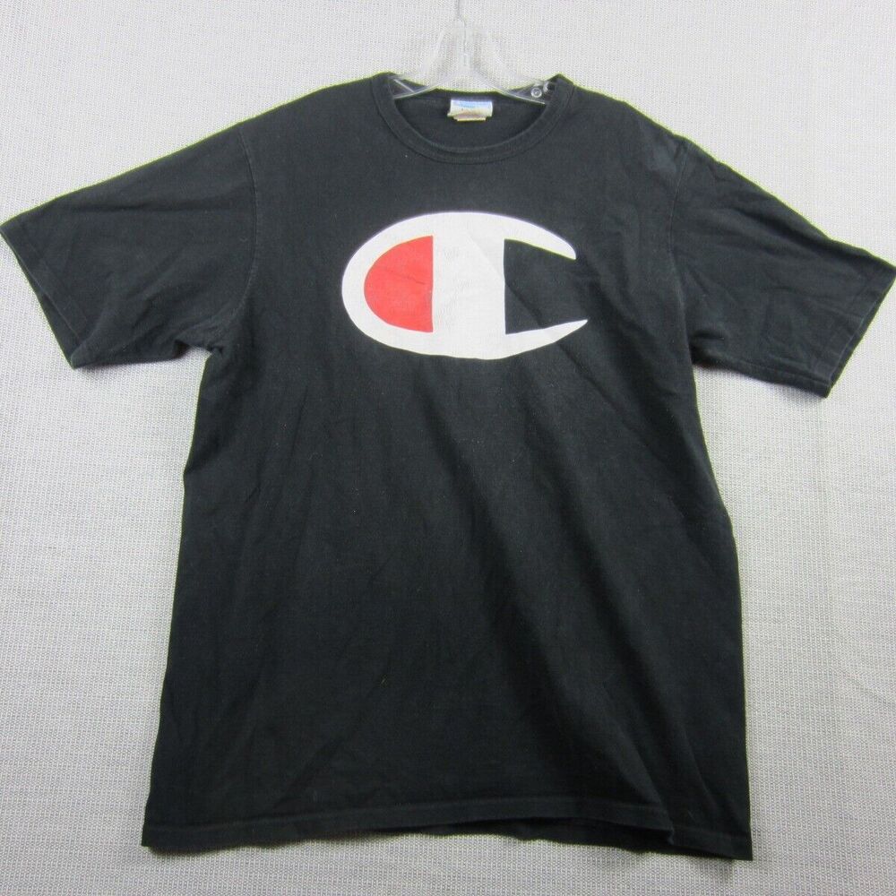 Champion T-Shirt Mens XL Black Logo Print Short Sleeve Crew Neck Cotton Urban